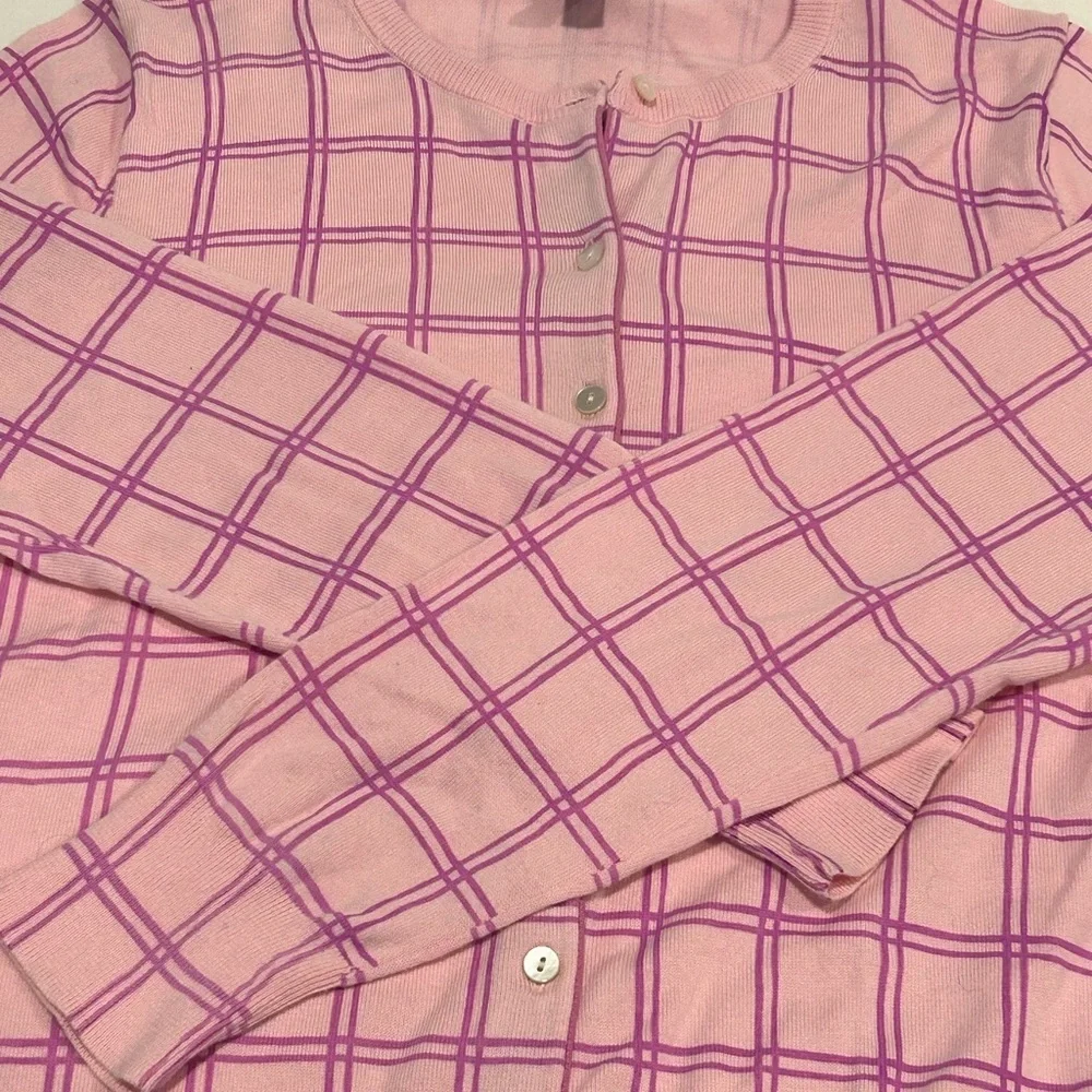 Lands' End Cardigan Sweater Lightweight Button Pink Window Pane Size L